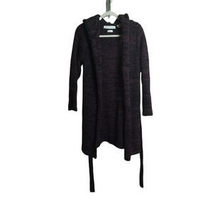 Open-Front Hooded Long Cardigan Sweater - Black with Plum